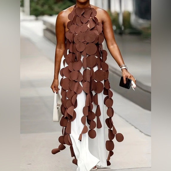 Brown Boho Solid Halter Neck Tunics, Sexy Sleeveless Tie Back Top - Picture 2 of 3